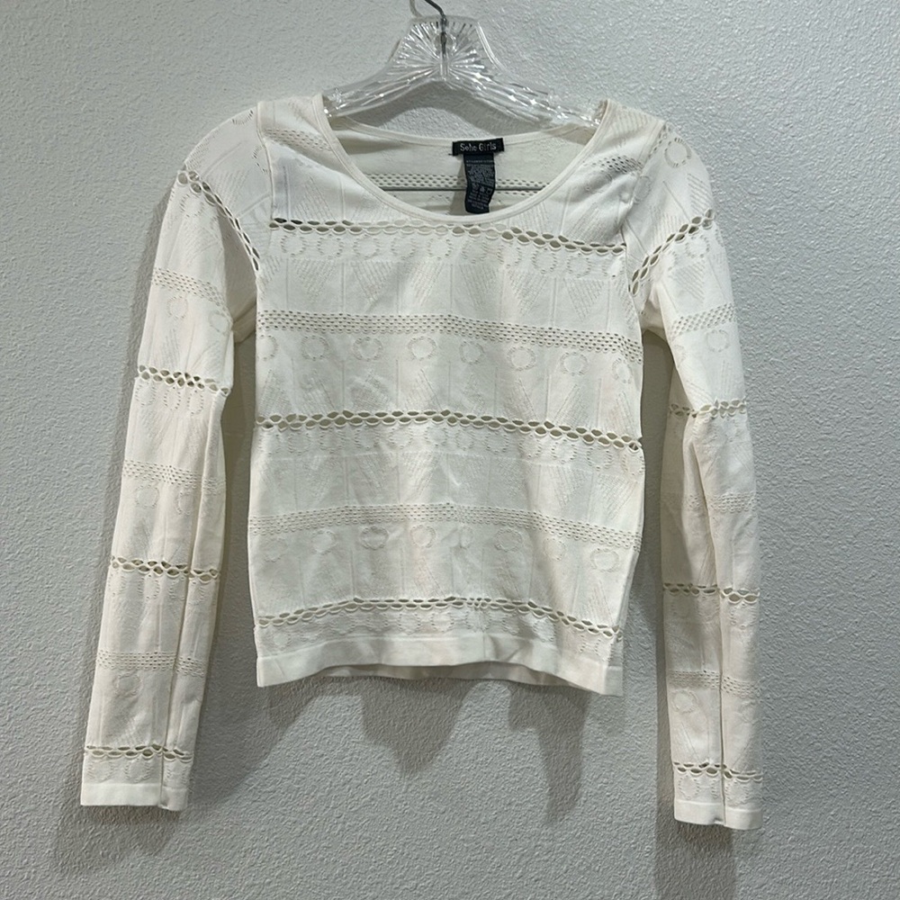 Soho Girl Long Sleeve Stretch Geomtric Cut out Cream top One size